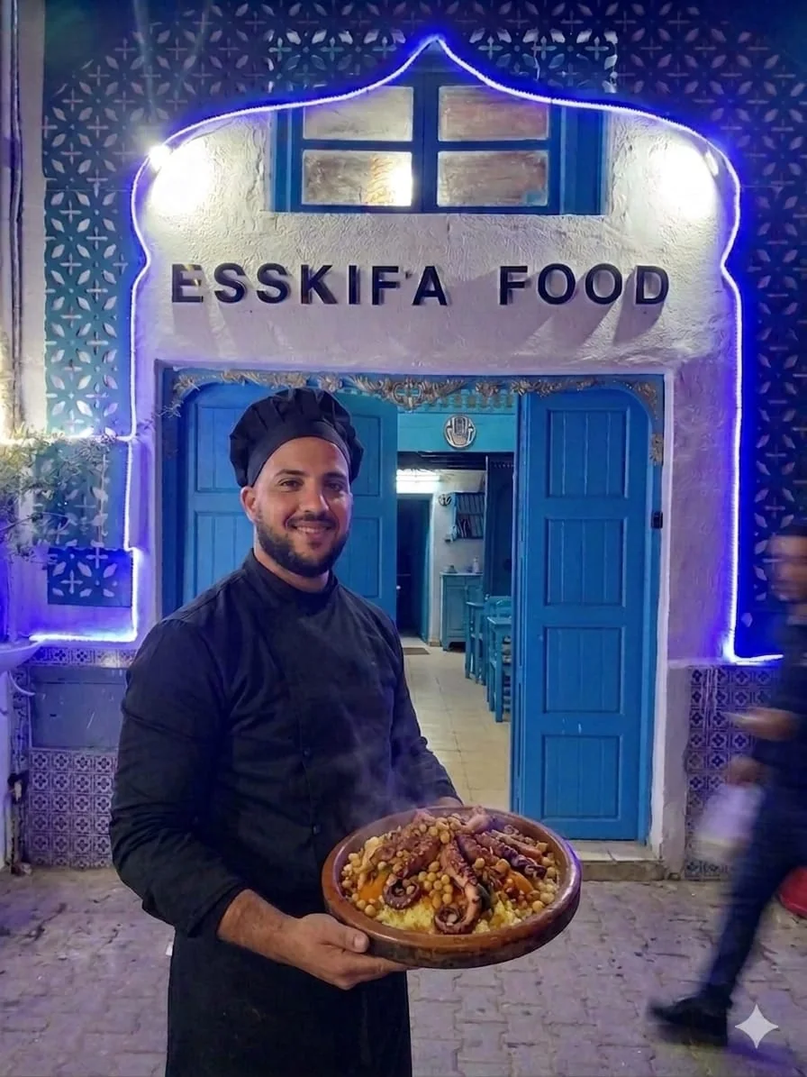 Mohamed Kachouri devant Esskifa Food avec un couscous au poulpe